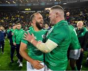 16 July 2022; Jamison Gibson Park and Tadhg Furlong of Ireland after their side's victory in the Steinlager Series match between the New Zealand and Ireland at Sky Stadium in Wellington, New Zealand. Photo by Brendan Moran/Sportsfile