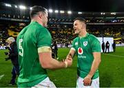 16 July 2022; Jonathan Sexton and James Ryan of Ireland embrace after his side's victory in the Steinlager Series match between the New Zealand and Ireland at Sky Stadium in Wellington, New Zealand. Photo by Brendan Moran/Sportsfile