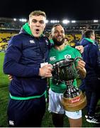 16 July 2022; Garry Ringrose, left, and Jamison Gibson Park of Ireland celebrate with the cup after the Steinlager Series match between the New Zealand and Ireland at Sky Stadium in Wellington, New Zealand. Photo by Brendan Moran/Sportsfile