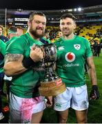 16 July 2022; Andrew Porter, left, and Hugo Keenan of Ireland celebrate with the cup after the Steinlager Series match between the New Zealand and Ireland at Sky Stadium in Wellington, New Zealand. Photo by Brendan Moran/Sportsfile