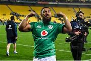 16 July 2022; Bundee Aki of Ireland celebrates after the Steinlager Series match between the New Zealand and Ireland at Sky Stadium in Wellington, New Zealand. Photo by Brendan Moran/Sportsfile