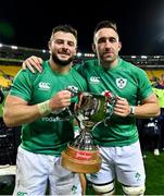 16 July 2022; Robbie Henshaw, left, and Jack Conan of Ireland celebrate with the cup after the Steinlager Series match between the New Zealand and Ireland at Sky Stadium in Wellington, New Zealand. Photo by Brendan Moran/Sportsfile