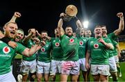 16 July 2022; Ireland players, from left, Finlay Bealham, Rob Herring, Josh van der Flier, Robbie Henshaw, Caelan Doris, Andrew Porter, Conor Murray, Hugo Keenan, Tadhg Furlong and Jack Conan celebrate with the cup after the Steinlager Series match between the New Zealand and Ireland at Sky Stadium in Wellington, New Zealand. Photo by Brendan Moran/Sportsfile