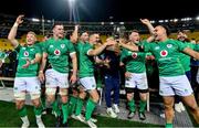 16 July 2022; Ireland players, from left, Kieran Treadwell, James Ryan, Jack Conan, Jonathan Sexton, Peter O’Mahony and James Lowe celebrate with the cup after the Steinlager Series match between the New Zealand and Ireland at Sky Stadium in Wellington, New Zealand. Photo by Brendan Moran/Sportsfile