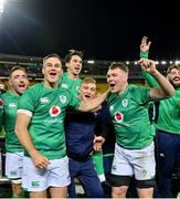 16 July 2022; Ireland players, from left, Jack Conan, Jonathan Sexton, Joey Carbery, Gavin Coombes and Peter O’Mahony celebrate after the Steinlager Series match between the New Zealand and Ireland at Sky Stadium in Wellington, New Zealand. Photo by Brendan Moran/Sportsfile