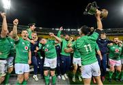 16 July 2022; Ireland players, from left, Jonathan Sexton, Joey Carbery, Gavin Coombes,  Peter O’Mahony, Tom O’Toole, James Lowe, Ryan Baird and Andrew Porter celebrate with the cup after the Steinlager Series match between the New Zealand and Ireland at Sky Stadium in Wellington, New Zealand. Photo by Brendan Moran/Sportsfile