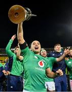 16 July 2022; James Lowe of Ireland celebrates with the cup after the Steinlager Series match between the New Zealand and Ireland at Sky Stadium in Wellington, New Zealand. Photo by Brendan Moran/Sportsfile