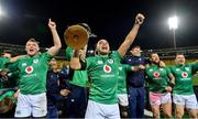 16 July 2022; Ireland players, from left, Peter O’Mahony, James Lowe, Ryan Baird, Andrew Porter and  Cian Healy celebrate with the cup after the Steinlager Series match between the New Zealand and Ireland at Sky Stadium in Wellington, New Zealand. Photo by Brendan Moran/Sportsfile