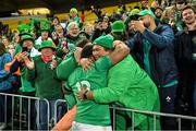 16 July 2022; Bundee Aki of Ireland celebrates with family after the Steinlager Series match between the New Zealand and Ireland at Sky Stadium in Wellington, New Zealand. Photo by Brendan Moran/Sportsfile Photo by Brendan Moran/Sportsfile