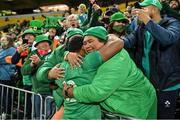 16 July 2022; Bundee Aki of Ireland celebrates with family after the Steinlager Series match between the New Zealand and Ireland at Sky Stadium in Wellington, New Zealand. Photo by Brendan Moran/Sportsfile Photo by Brendan Moran/Sportsfile