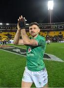 16 July 2022; Hugo Keenan of Ireland celebrates after the Steinlager Series match between the New Zealand and Ireland at Sky Stadium in Wellington, New Zealand. Photo by Brendan Moran/Sportsfile