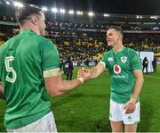 16 July 2022; Jonathan Sexton, right, and James Ryan of Ireland celebrate after the Steinlager Series match between the New Zealand and Ireland at Sky Stadium in Wellington, New Zealand. Photo by Brendan Moran/Sportsfile