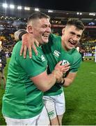 16 July 2022; Tadhg Furlong, left, and Dan Sheehan of Ireland celebrate after the Steinlager Series match between the New Zealand and Ireland at Sky Stadium in Wellington, New Zealand. Photo by Brendan Moran/Sportsfile