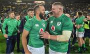16 July 2022; Jamison Gibson Park, left, and Tadhg Furlong of Ireland celebrate after the Steinlager Series match between the New Zealand and Ireland at Sky Stadium in Wellington, New Zealand. Photo by Brendan Moran/Sportsfile