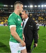 16 July 2022; New Zealand head coach Ian Foster, right, speaks to Ireland captain Jonathan Sexton after the Steinlager Series match between the New Zealand and Ireland at Sky Stadium in Wellington, New Zealand. Photo by Brendan Moran/Sportsfile