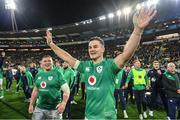 16 July 2022; Ireland captain Jonathan Sexton and teammate Tadhg Furlong, left, celebrate at the final whistle of the Steinlager Series match between the New Zealand and Ireland at Sky Stadium in Wellington, New Zealand. Photo by Brendan Moran/Sportsfile