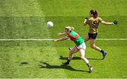 16 July 2022; Aishling O'Connell of Kerry shoots to score her side's first goal despite the attention of Fiona McHale of Mayo during the TG4 All-Ireland Ladies Football Senior Championship Semi-Final match between Kerry and Mayo at Croke Park in Dublin. Photo by Stephen McCarthy/Sportsfile
