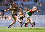 16 July 2022; Aishling O'Connell of Kerry scores her side's first goal, under pressure from Fiona McHale of Mayo, during the TG4 All-Ireland Ladies Football Senior Championship Semi-Final match between Kerry and Mayo at Croke Park in Dublin. Photo by Piaras Ó Mídheach/Sportsfile
