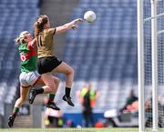16 July 2022; Síofra O'Shea of Kerry scores her side's second goal, under pressure from Fiona McHale of Mayo, during the TG4 All-Ireland Ladies Football Senior Championship Semi-Final match between Kerry and Mayo at Croke Park in Dublin. Photo by Piaras Ó Mídheach/Sportsfile
