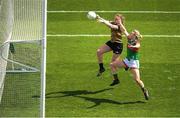 16 July 2022; Síofra O'Shea of Kerry scores her side's second goal despite the attention of Fiona McHale of Mayo during the TG4 All-Ireland Ladies Football Senior Championship Semi-Final match between Kerry and Mayo at Croke Park in Dublin. Photo by Stephen McCarthy/Sportsfile