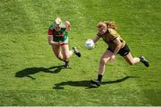 16 July 2022; Síofra O'Shea of Kerry on her way to scoring her side's third goal despite the attention of Fiona McHale of Mayo during the TG4 All-Ireland Ladies Football Senior Championship Semi-Final match between Kerry and Mayo at Croke Park in Dublin. Photo by Stephen McCarthy/Sportsfile