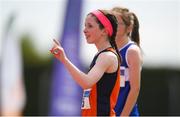 16 July 2022; Ciara Moore of Star of the Laune AC, Kerry, after winning the 600m event during in the Irish Life Health Juvenile B Championships & Relays in Tullamore, Offaly. Photo by Eóin Noonan/Sportsfile