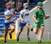 16 July 2022; Sarah O'Brien of Limerick in action against Clodgh Carroll, left and Aoife Landers of Waterford during the Glen Dimplex All-Ireland Senior Camogie Quarter Final match between Waterford and Limerick at Semple Stadium in Thurles, Tipperary. Photo by George Tewkesbury/Sportsfile