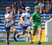 16 July 2022; Sarah O'Brien of Limerick in action against Clodgh Carroll, left and Aoife Landers of Waterford during the Glen Dimplex All-Ireland Senior Camogie Quarter Final match between Waterford and Limerick at Semple Stadium in Thurles, Tipperary. Photo by George Tewkesbury/Sportsfile