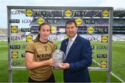 16 July 2022; Kayleigh Cronin of Kerry receives the Player of the Match award from LGFA president Micheál Naughton following the TG4 All-Ireland Ladies Football Senior Championship Semi-Final match between Kerry and Mayo at Croke Park in Dublin. Photo by Stephen McCarthy/Sportsfile