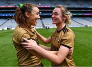 16 July 2022; Kerry players Louise Galvin, left, and Niamh Carmody celebrate after their side's victory in the TG4 All-Ireland Ladies Football Senior Championship Semi-Final match between Kerry and Mayo at Croke Park in Dublin. Photo by Piaras Ó Mídheach/Sportsfile