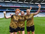 16 July 2022; Kerry players, from left, Louise Ní Mhuircheartaigh, Anna Clifford, and Louise Galvin celebrate after their side's victory in the TG4 All-Ireland Ladies Football Senior Championship Semi-Final match between Kerry and Mayo at Croke Park in Dublin. Photo by Piaras Ó Mídheach/Sportsfile