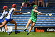 16 July 2022; Sarah O'Brien of Limerick in action against Clodgh Carroll, left and Mairead Power of Waterford during the Glen Dimplex All-Ireland Senior Camogie Quarter Final match between Waterford and Limerick at Semple Stadium in Thurles, Tipperary. Photo by George Tewkesbury/Sportsfile