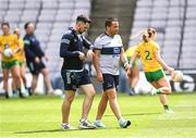 16 July 2022; Donegal manager Maxi Curran, right, with Donegal selector Mark McHugh before the TG4 All-Ireland Ladies Football Senior Championship Semi-Final match between Donegal and Meath at Croke Park in Dublin. Photo by Piaras Ó Mídheach/Sportsfile