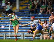 16 July 2022; Michelle Curtin of Limerick in action against Clodgh Carroll of Waterford during the Glen Dimplex All-Ireland Senior Camogie Quarter Final match between  Waterford and Limerick at Semple Stadium in Thurles, Tipperary. Photo by George Tewkesbury/Sportsfile