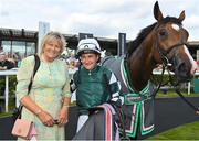 16 July 2022; Trainer Jessica Harrington and jockey Shane Foley, with Magical Lagoon after winning the Juddmonte Irish Oaks during day one of the Juddmonte Irish Oaks Weekend at The Curragh Racecourse in Kildare. Photo by Seb Daly/Sportsfile