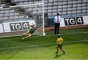 16 July 2022; Niamh McLaughlin of Donegal scores her side's first goal, a penalty, past Meath manager Monica McGuirk during the TG4 All-Ireland Ladies Football Senior Championship Semi-Final match between Donegal and Meath at Croke Park in Dublin. Photo by Stephen McCarthy/Sportsfile