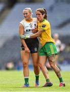 16 July 2022; Vikki Wall of Meath is marked by Tanya Kennedy of Donegal during the TG4 All-Ireland Ladies Football Senior Championship Semi-Final match between Donegal and Meath at Croke Park in Dublin. Photo by Piaras Ó Mídheach/Sportsfile