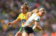 16 July 2022; Orlagh Lally of Meath in action against Niamh McLaughlin of Donegal during the TG4 All-Ireland Ladies Football Senior Championship Semi-Final match between Donegal and Meath at Croke Park in Dublin. Photo by Stephen McCarthy/Sportsfile