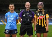 16 July 2022; Hannah Hegarty of Dublin, referee Justin Heffernan and Aofie Prendergast of Kilkenny before the Glen Dimplex All-Ireland Senior Camogie Quarter Final match between  Kilkenny and Dublin at Semple Stadium in Thurles, Tipperary. Photo by George Tewkesbury/Sportsfile