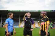 16 July 2022; Hannah Hegarty of Dublin, referee Justin Heffernan and Aofie Prendergast of Kilkenny before the Glen Dimplex All-Ireland Senior Camogie Quarter Final match between  Kilkenny and Dublin at Semple Stadium in Thurles, Tipperary. Photo by George Tewkesbury/Sportsfile