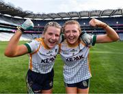 16 July 2022; Meath players Katie Newe, left, and Aoibheann Leahy celebrate after their side's victory in the TG4 All-Ireland Ladies Football Senior Championship Semi-Final match between Donegal and Meath at Croke Park in Dublin. Photo by Piaras Ó Mídheach/Sportsfile