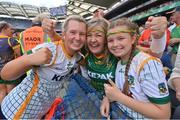 16 July 2022; Kelsey Nesbitt of Meath celebrates with her mother Caroline and sister Alexa after the TG4 All-Ireland Ladies Football Senior Championship Semi-Final match between Donegal and Meath at Croke Park in Dublin. Photo by Stephen McCarthy/Sportsfile