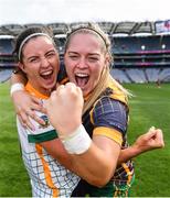16 July 2022; Meath players Niamh O'Sullivan, left, and Monica McGuirk celebrate after their side's victory in the TG4 All-Ireland Ladies Football Senior Championship Semi-Final match between Donegal and Meath at Croke Park in Dublin. Photo by Piaras Ó Mídheach/Sportsfile