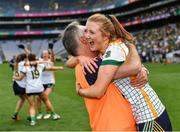 16 July 2022; Meath manager Eamonn Murray celebrates with Aoibheann Leahy of Meath after their side's vctory in the TG4 All-Ireland Ladies Football Senior Championship Semi-Final match between Donegal and Meath at Croke Park in Dublin. Photo by Piaras Ó Mídheach/Sportsfile