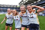16 July 2022; Meath players, from left, Aine Sheridan, Ailbhe Leahy, Aoibheann Leahy, and Niamh O'Sullivan celebrate after their side's victory in the TG4 All-Ireland Ladies Football Senior Championship Semi-Final match between Donegal and Meath at Croke Park in Dublin. Photo by Piaras Ó Mídheach/Sportsfile