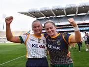16 July 2022; Meath players Vikki Wall, left, and Monica McGuirk celebrate after their side's victory in the TG4 All-Ireland Ladies Football Senior Championship Semi-Final match between Donegal and Meath at Croke Park in Dublin. Photo by Piaras Ó Mídheach/Sportsfile