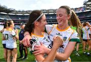 16 July 2022; Meath players Niamh O'Sullivan, left, and Aoibhín Cleary celebrate after their side's victory in the TG4 All-Ireland Ladies Football Senior Championship Semi-Final match between Donegal and Meath at Croke Park in Dublin. Photo by Piaras Ó Mídheach/Sportsfile