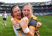 16 July 2022; Meath players Niamh O'Sullivan, left, and Monica McGuirk celebrate after their side's victory in the TG4 All-Ireland Ladies Football Senior Championship Semi-Final match between Donegal and Meath at Croke Park in Dublin. Photo by Piaras Ó Mídheach/Sportsfile