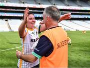 16 July 2022; Meath captain Shauna Ennis celebrates with her manager Eamonn Murray after their side's victory in the TG4 All-Ireland Ladies Football Senior Championship Semi-Final match between Donegal and Meath at Croke Park in Dublin. Photo by Piaras Ó Mídheach/Sportsfile