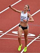 16 July 2022; Alice Finot of France celebrates winning her women's 3000m steeplechase heat  with a new national record of 9:14.34 during day two of the World Athletics Championships at Hayward Field in Eugene, Oregon, USA. Photo by Sam Barnes/Sportsfile